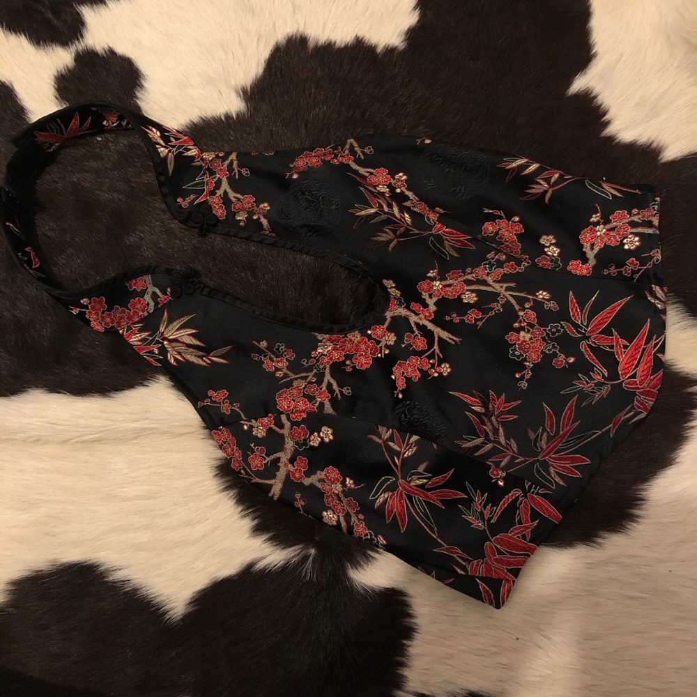 Sexy Blk/Red Vintage Floral Halter Top